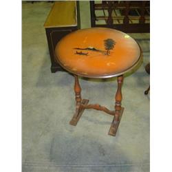 TILT TOP TABLE WITH ORIENTAL BOAT SCENE; WEAR ON FINISH; SCATTER TABLE BY BRANDT CABINET WORKS HAGER