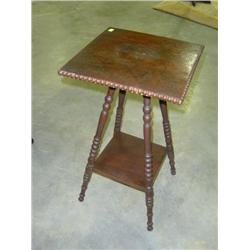 SMALL OAK TABLE LAMP; TURNED LEGS; APPLIED BEADING; HAS WEAR ON VARNISH 16" SQ X 30H