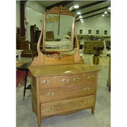 2 OVER 2 DRAWER OAK DRESSER WITH MIRROR; 2-TOP DRAWERS CURVED; HAS NEW BRASS HARDWARE; 43X22X74