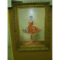 WOODEN GUILTED FRAMED BALLERINA PAINTED ON CANVAS; WEAR ON GUILTING; STRETCHING ON CANVAS; 33X45