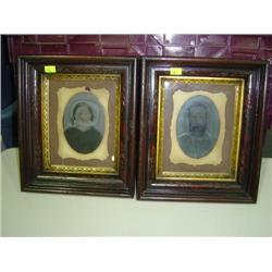 PAIR OF WOODEN DEEP WELL FRAMES; TIN TYPE PHOTOS OF MAN AND LADY; 11 1/4 X 13 1/4