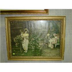 GUILTED FRAMED COLONIAL ERA TEA PARTY PRINT; HAS DAMAGE ON FRAME; WATER DAMAGE ON PRINT; 34 1/2 X 27