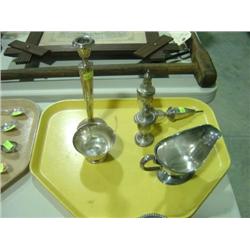 LOT OF 5 PIECES: STERLING WEIGHTED CANDLE STICK; 2-SHAKERS; SILVER PLATED BOWL AND GRAVY BOATS; SHOW