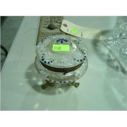 GLASS WITH BRASS FOOTED TRINKET DISH; PAINTED ENAMEL