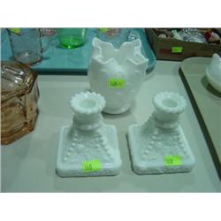 LOT OF THREE 2-WESTMORELAND CANDLE STICKS AND 1-IMPERIAL ROSE BOWL