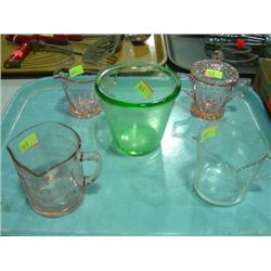 LOT OF 5 PIECES: PINK CREAMER & SUGAR; 2-MEASURING CUPS; AND GREEN MEASURING CUPS (SOME ROUGHNESS IN