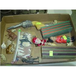 TRAY LOT OF TOYS; ANIMAL FIGURINES; CAP GUN; WOODEN FENCE
