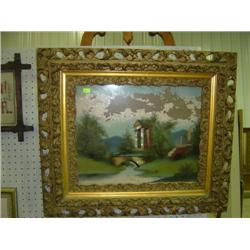 GUILTED FRAMED REVERSED PAINTED; HAS LOTS OF FLAKING IN PAINT