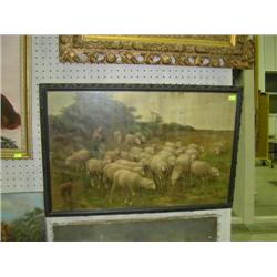 WOODEN FRAMED PRINT LADY SHEEP HERDER; DAMAGE IN PRINT