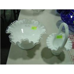 LOT OF 2 FENTON HOBNAIL BASKET AND FENTON RUFFLED COMPOTE