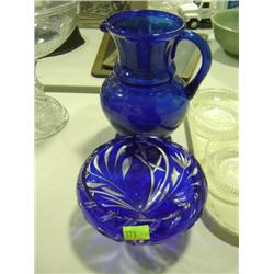 LOT OF 2 COBALT BLUE BLOWN GLASS WATER PITCHER AND 3-FOOTED CUT GLASS BOWL