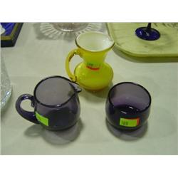 LOT OF 3 COLORED GLASS; CREAMER VASE; CREAMER & SUGAR;