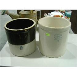LOT OF 2 CROCKS; BROWN OVER WHITE AND WHITE CROCK WITH DAMAGE (DALLAS TEXAS)
