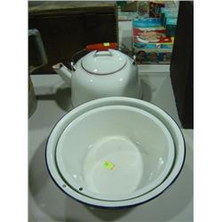 LOT OF 3: ENAMEL TEA KETTLE AND 2 ENAMEL PANS