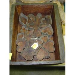 WOODEN BOX WITH 13 OLD TIN COOKIE CUTTERS