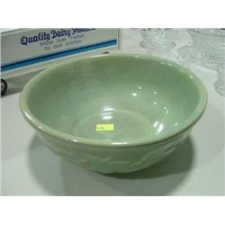 9 INCH POTTERY BOWL USA MARKED; FRUIT PATTERN ON OUTSIDE