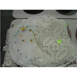 LOT OF CROCHET & EMBROIDERED DOLLIES; TABLE SCARVES; SOME STAINS