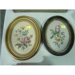 LOT OF 2 OVAL FRAMED NEEDLE POINT ROSES