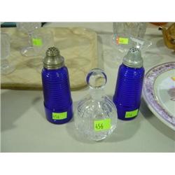 LOT OF 3 BLUE SHAKER BOTTLES AND CLEAR GLASS PERFUME BOTTLE