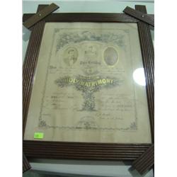 FRAMED MARRIAGE CERTIFICATE DATED 1877 WITH PHOTOS OF BRIDE & GROOM