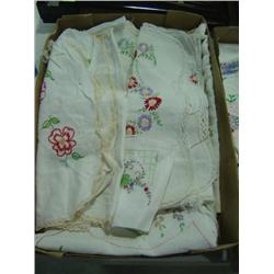LOT OF EMBROIDERED TABLE SCARVES & DOILIES; SOME STAINS