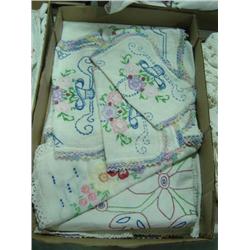 LOT OF EMBROIDERED TABLE SCARVES & DOILIES; SOME STAINS