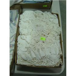 LOT OF CROCHET DOLLIES; TABLE SCARVES; SOME STAINS