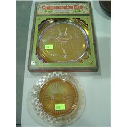 LOT OF 2 CARNIVAL GLASS LIBERTY BELL PLATE AND ASHTRAY