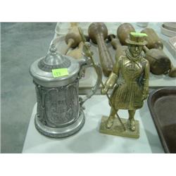LOT OF 2 PEWTER STEIN AND BRASS GUARD