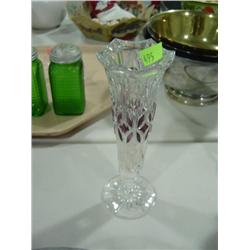 GLASS BUD VASE WITH PURPLE ACCENTS; 8 INCHES