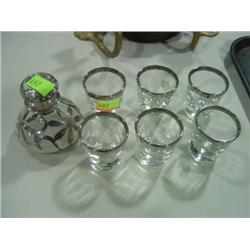 LOT OF 7: PERFUME BOTTLE WITH SILVER OVERLAY AND 6 JAVIT CRYSTAL SHOT GLASSES