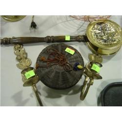LOT OF 4: SEWING BASKET; BRASS WALL SCONCE; BRASS WALL PLANTER