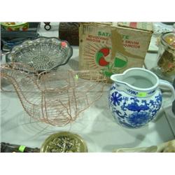 LOT OF 2: WIRE CHICKEN BASKET AND CERAMIC PITCHER