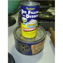 LOT OF 2 ADVERTISEMENT TINS; 1-KIWANIS DATES; 1-COCONUT PIE FILLING