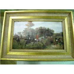 FRAMED HUNT SCENE PAINTED ON BOARD