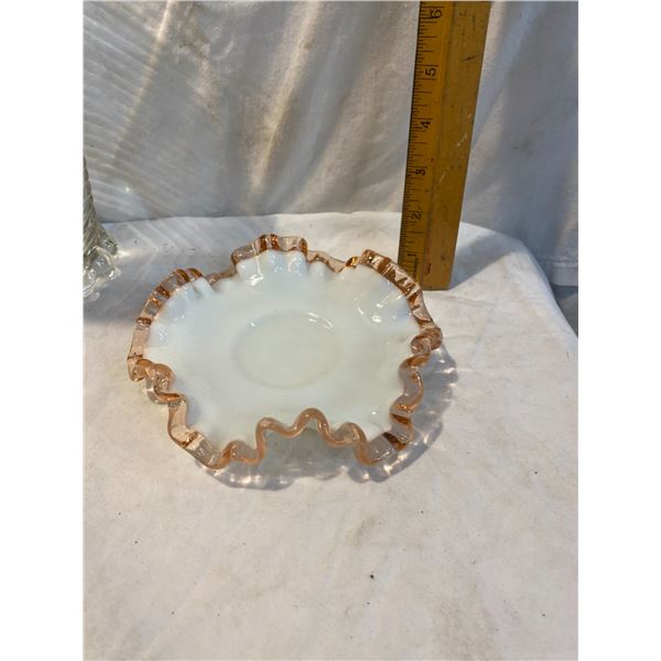 Vintage Fenton Milk Glass Bowl Ruffled Edge Rose Crest