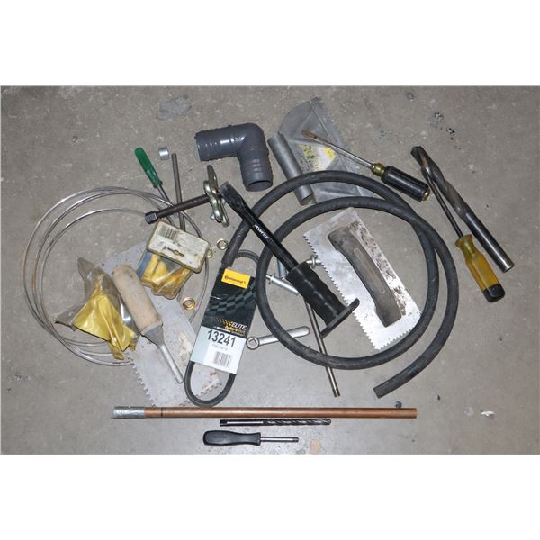 LARGE BIN OF ASSORTED TOOLS INCLUDING TROWELS,