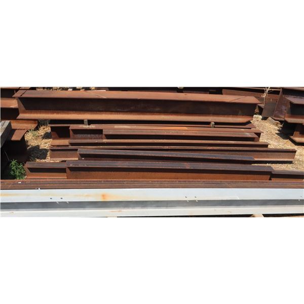 STACK OF ASSORTED SIZE INDUSTRIAL STEEL BEAMS