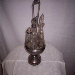 Antique silver plate Vinegar set with 5 bottles