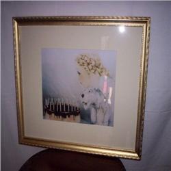 Louis Icart print framed 20 x 26 "Lady with dog and birthday cake"