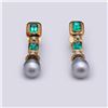 Image 1 : Pair of Elaborate 18K Yellow Gold Pearl, Diamond & Gilson Emerald earrings