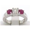 Image 1 : 14k White Gold 3 Stone Engagement Ring w/ Ctr Round Diamond & 2 Blood Red Rubies