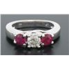 Image 4 : 14k White Gold 3 Stone Engagement Ring w/ Ctr Round Diamond & 2 Blood Red Rubies