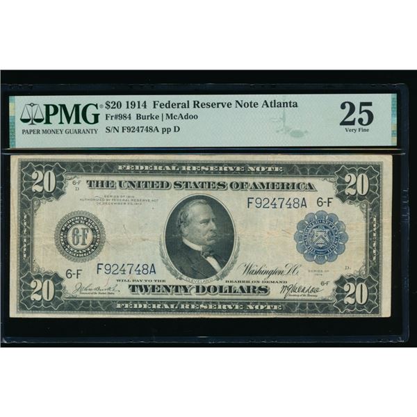 1914 $20 Atlanta FRN PMG 25
