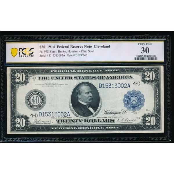 1914 $20 Cleveland FRBN PMG 30