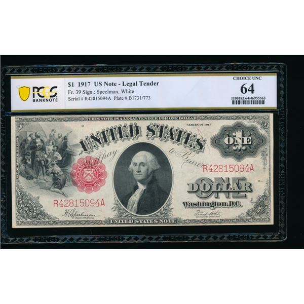 1917 $1 Legal Tender Note PCGS 64