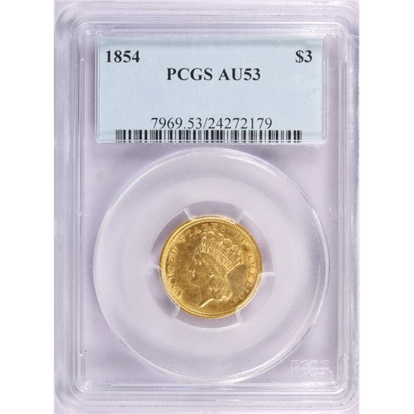 1854 $3 Gold Coin PCGS AU53