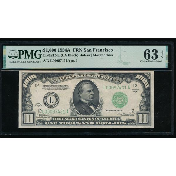 1934A $1000 San Francisco FRN PMG 63EPQ