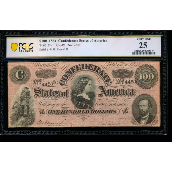 1864 $100 T-65 Confederate PCGS 25