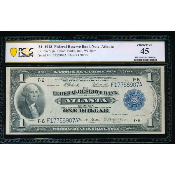 1918 $1 Atlanta FRBN PCGS 45